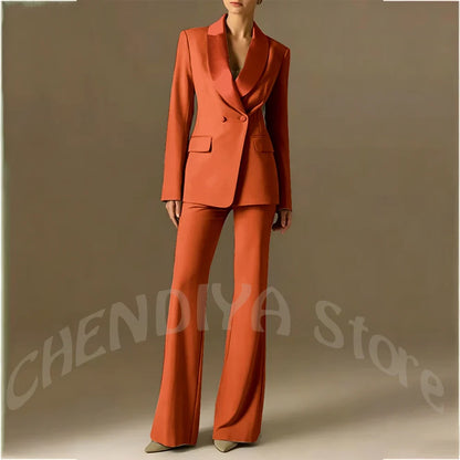 Classic Shawl Lapel Suit For Women Elegant Double Breasted Outfit Solid Color Two Piece Straight Modern Style Office Wear
