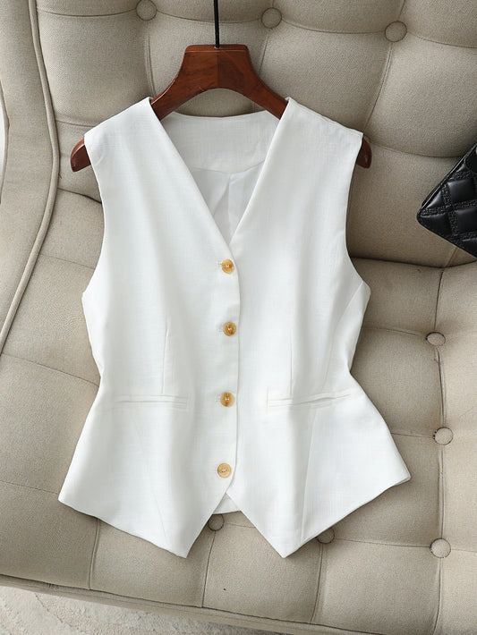 Women's White Vest V-Neck Sleeveless Button Down Waistcoat Formal Business Suit Vest Casual Linen Blazer Jacket Top Outerwear