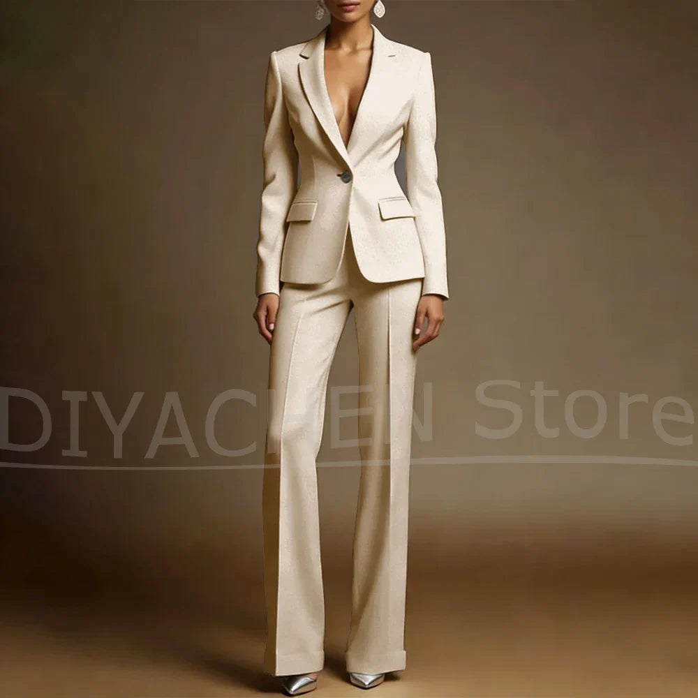 Women's White Suit Set Slim Fit Two Piece Jacket and Wide Leg Pants Office Casual Formal Occasions Elegant Female Outfit