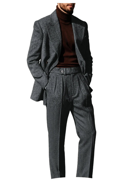 Men's Herringbone Suit 2-Piece Set – Double Breasted Blazer & Trousers for Wedding & Business