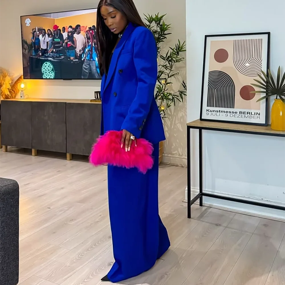 Royal Blue Double Breasted Women Suit Set Classic Fit Wide Leg Pants Formal Business Elegant Office Lady Two Piece Outfit Loose