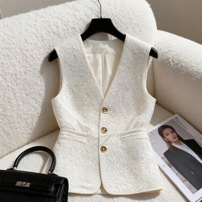 Elegant White Jacquard Waistcoat Vest For Women V‑neck Fit Waist Decorative Sleeveless Blazer Office Commuter Tailored Outerwear