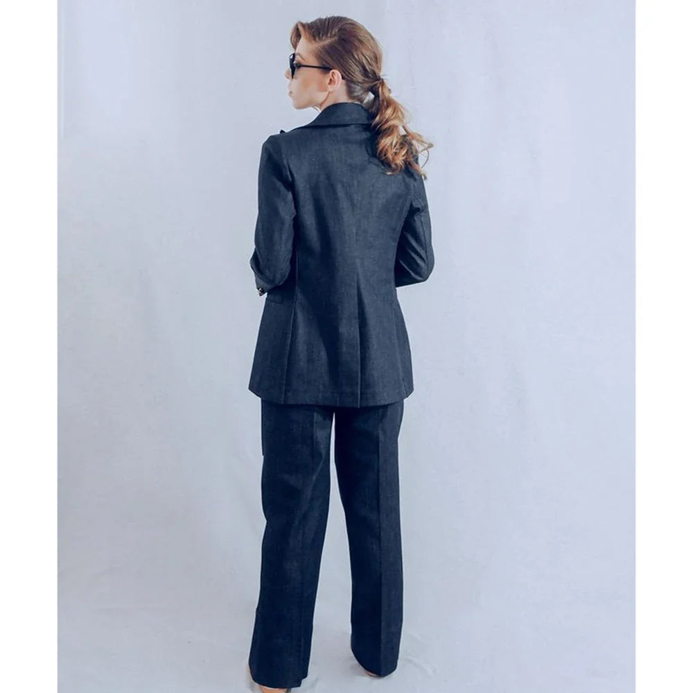 Navy Blue Women Suit Customized Single-breasted Peaked Lapel Denim Two Pieces(Blazer+Pants) Casual Daily Set for Shopping&Office