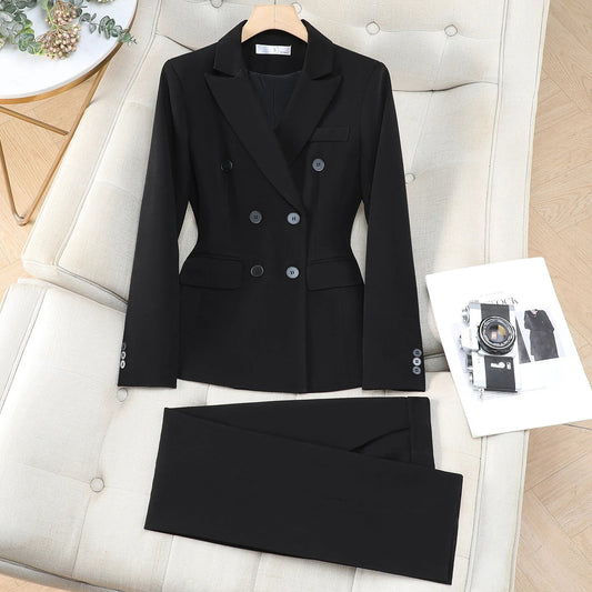 Autumn New Women's Double Breasted Blazer and Pants Sets 2 Piece Elegant Business Chic Formal Outfit Brown Trousers Suits