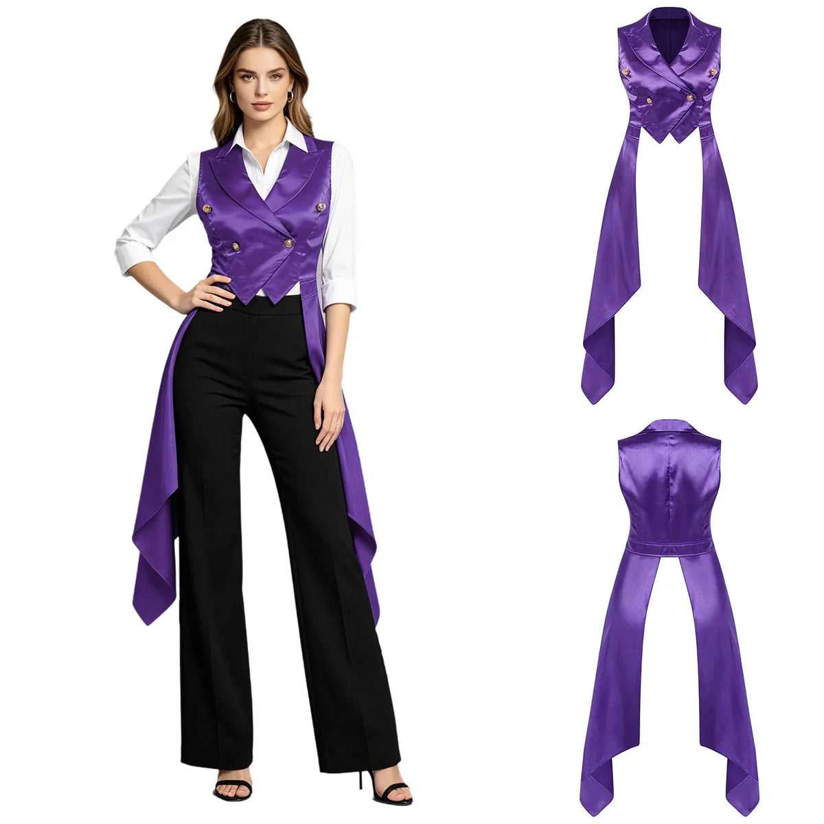 Women Victorian Tuxedo Sleeveless Vests Renaissance Waistcoat Irregular Hem Vest Satin Tailcoat Top for Halloween Gothic Outfit