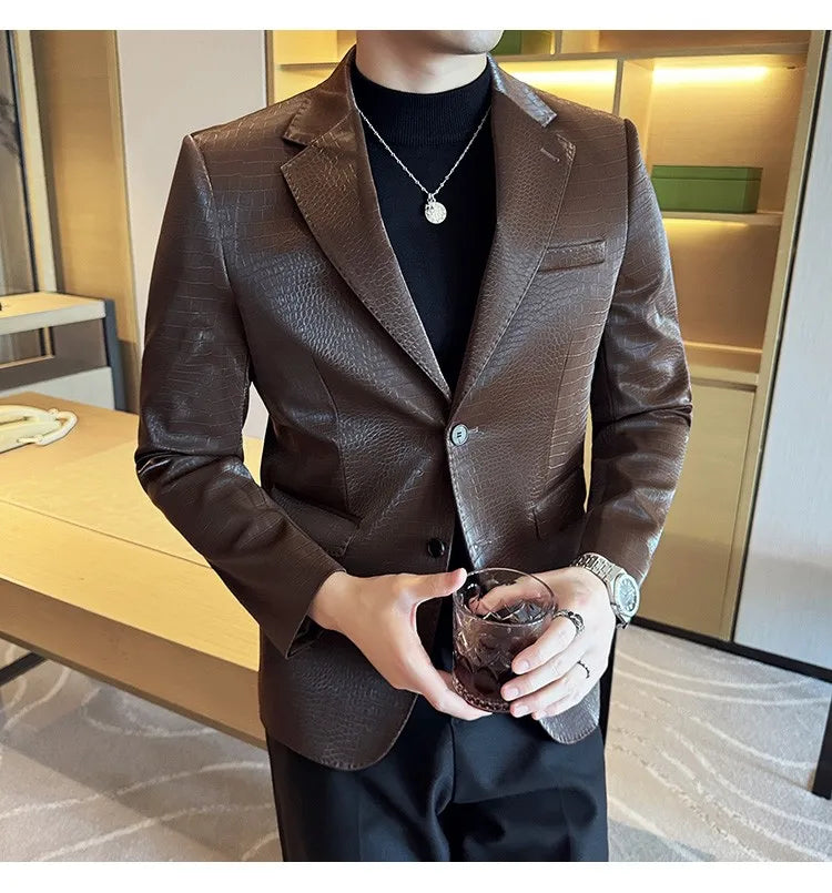 2026 Crocodile Patterned Leather Suit Jacket Men Slim Fit Business Casual Leather Jacket Wedding Groom Party Work Men Blazers