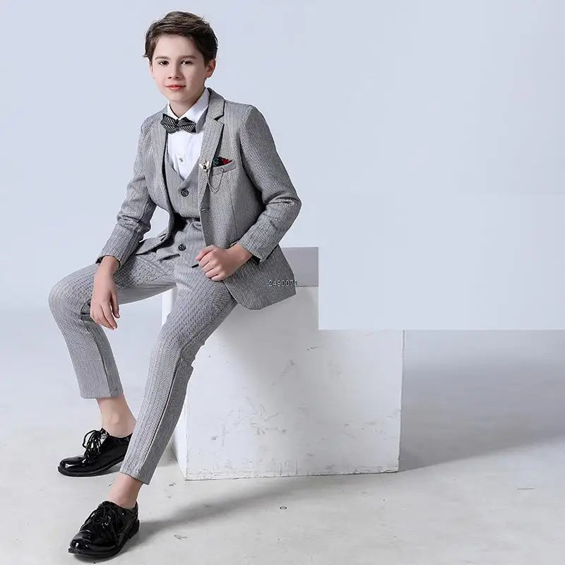 Big Teenager Tuxedo Dress Children Dance Costume Flower Boy Wedding Suit Kids Formal Jacket Vest Pants 3PCS Party Photograph Set