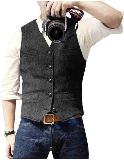 Men's Herringbone Vest – Single Breasted Formal Waistcoat for Business & Casual Wear