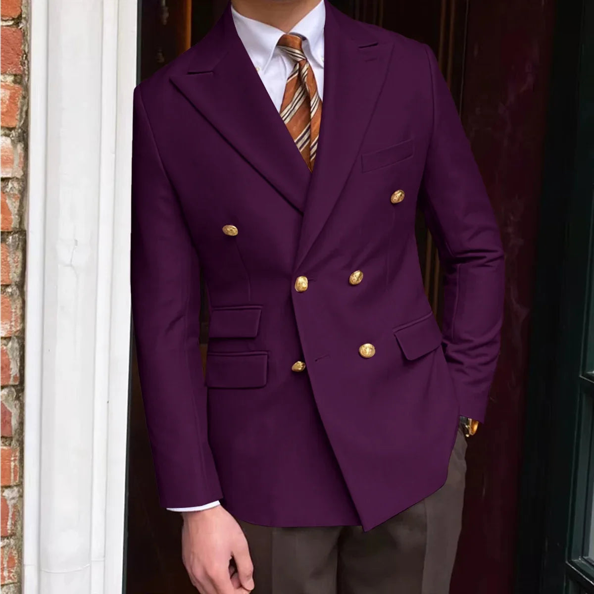 Men's Brown Serge Blazer Double Breasted Peak Lapel Gold Button Slim Fit British Style Fashion Suit Jacket Formal Business Casua