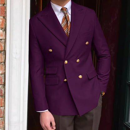 Men's Brown Serge Blazer Double Breasted Peak Lapel Gold Button Slim Fit British Style Fashion Suit Jacket Formal Business Casua