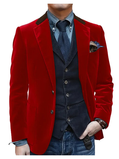 Men Velvet Blazer Contrast Brown Lapel Single Breasted Flap Pockets Smart Casual Business Streetwear Formal Outerwear