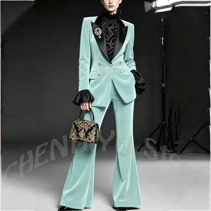 Wine Red Women Suit Stylish Velvet Elegant Outfit Peaked Lapel Blazer Pants Evening Party Prom Female Clothing Two Pieces