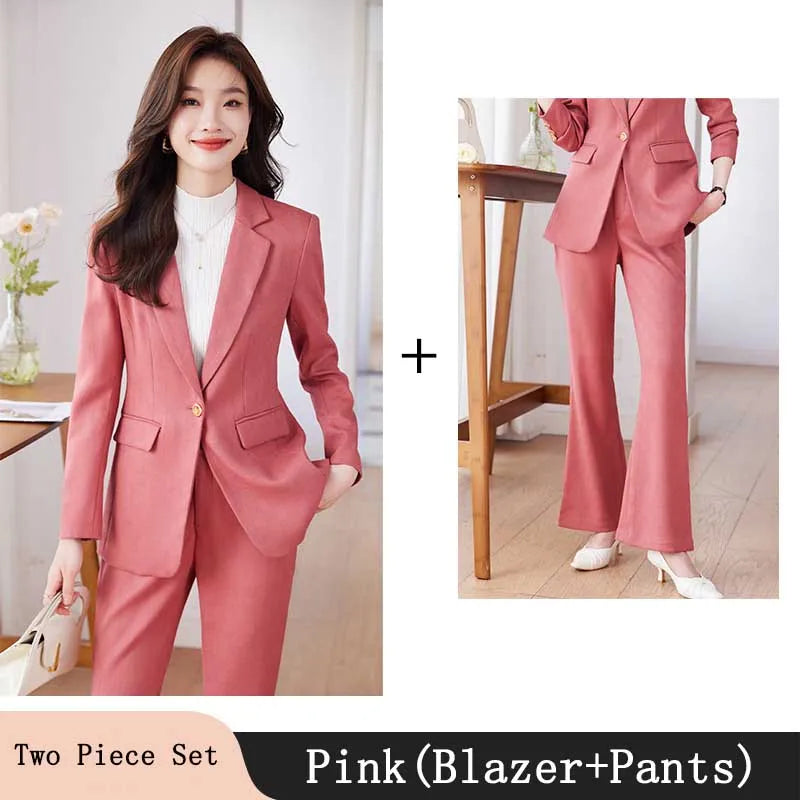 Pink Blue Black Women Pant Suit High Quality 2 Piece Set Office Ladies OL Girl Formal Jacket Blazer And Trousers For Work Wear