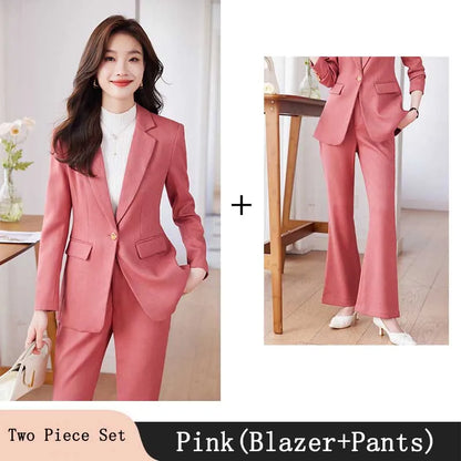 Pink Blue Black Women Pant Suit High Quality 2 Piece Set Office Ladies OL Girl Formal Jacket Blazer And Trousers For Work Wear