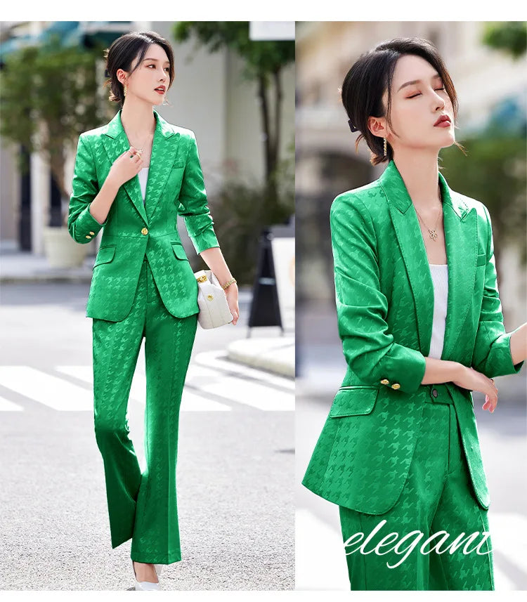 Fashion Ladies Formal Pant Suit Women Houndstooth Single Button Jacket And Trouser Female Business Work Wear 2 Piece Blazer Set