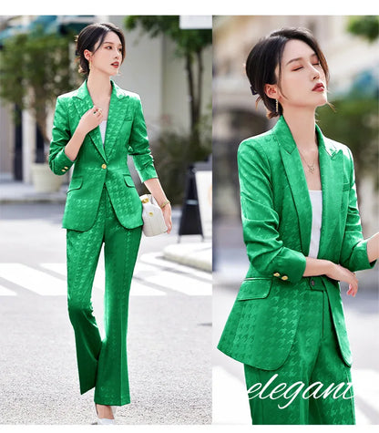 Fashion Ladies Formal Pant Suit Women Houndstooth Single Button Jacket And Trouser Female Business Work Wear 2 Piece Blazer Set