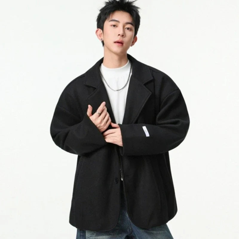 Men's British Style Brown Wool Blend Blazer Korean Loose Lapel Chic Autumn Fashion Suit Jacket