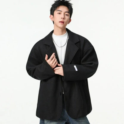 Men's British Style Brown Wool Blend Blazer Korean Loose Lapel Chic Autumn Fashion Suit Jacket