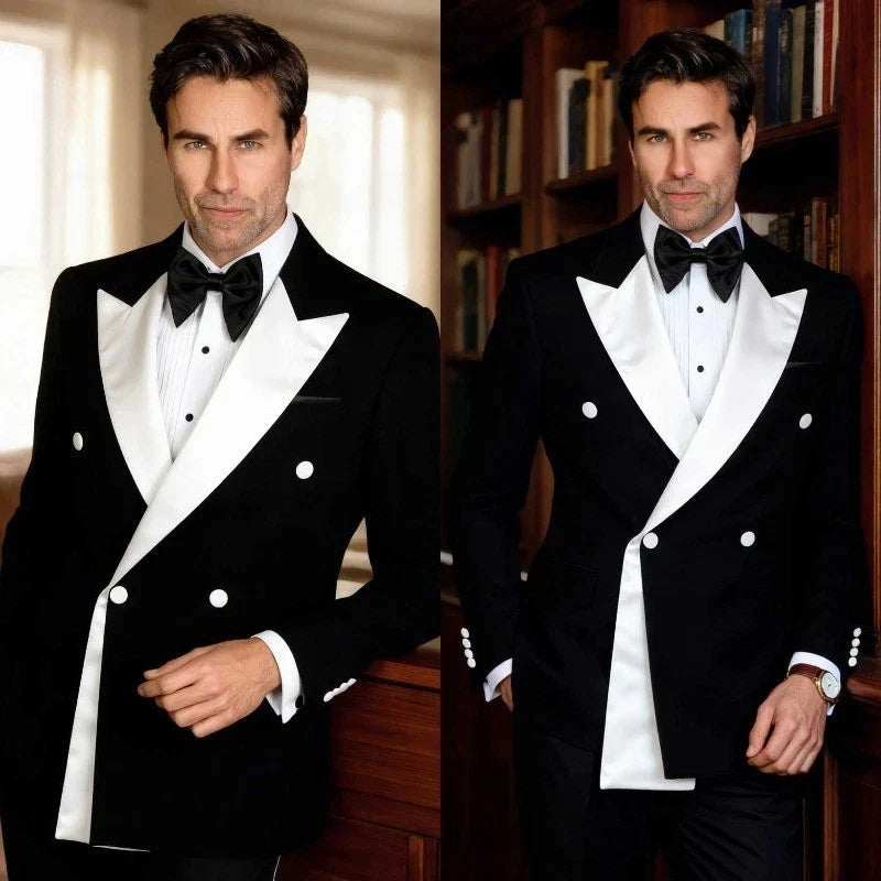 Men's Wedding Formal Suit Blazer Slim Fit Business Double Breasted Jacket Black British Style Tuxedo Dinner Party Prom Suit Coat