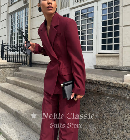 Women 2 Piece Suit Set Double Breasted Waist‑Fitted Blazer Wide Leg Pants Formal Office Business Lady Wedding Party Customized