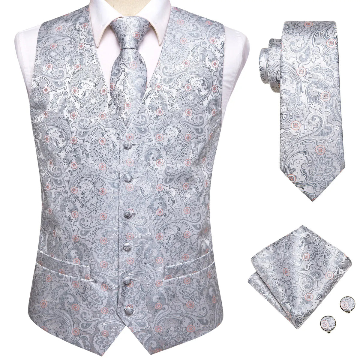 Men's Waistcoat Suit Set with Jacquard Floral Vest, Tie, Hanky & Cufflinks for Wedding and Business