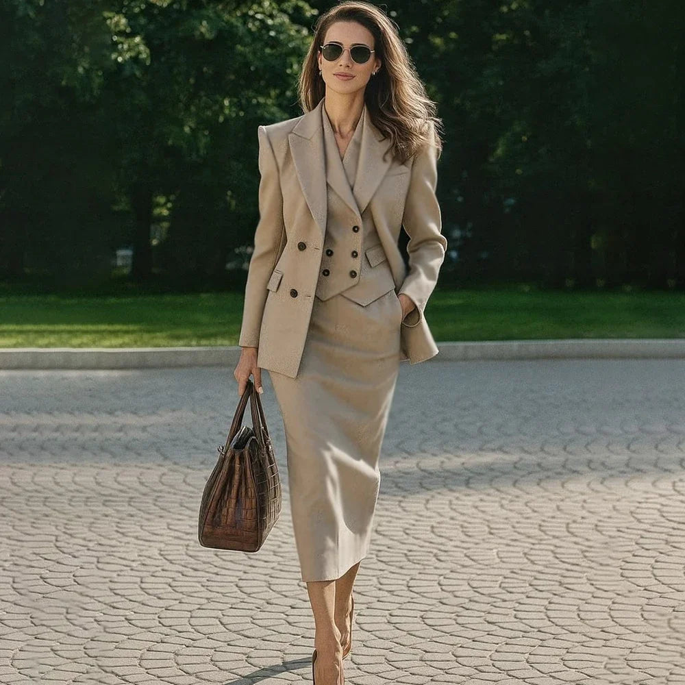 Modern Women Ivory 3 Piece Suit Double Breasted Blazer Vest Midi Skirt Set Formal Elegant Office Wedding Guest Outerwears