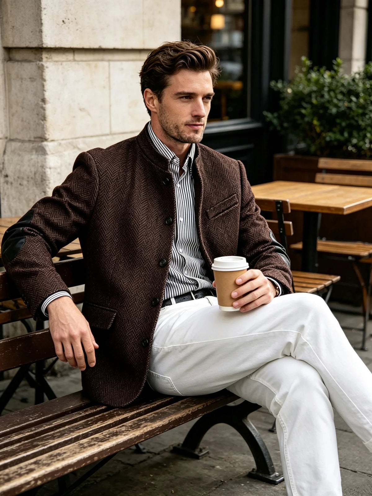 Vintage Men's Mandarin Collar Herringbone Tweed Blazer with Leather Elbow Patch Wool Blend Business Casual Slim Fit Suit Jackets