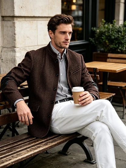 Vintage Men's Mandarin Collar Herringbone Tweed Blazer with Leather Elbow Patch Wool Blend Business Casual Slim Fit Suit Jackets
