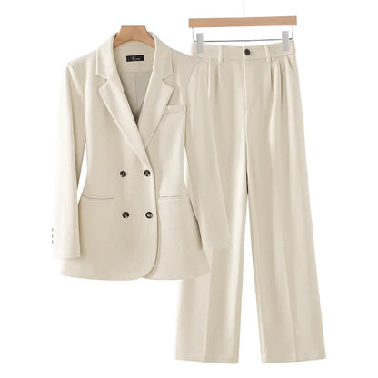 Autumn Winter 2024 New Apricot Coffee Black Elegant Double Breasted Blazer Top And Women High Waist Wide Leg Pant Two Piece Set