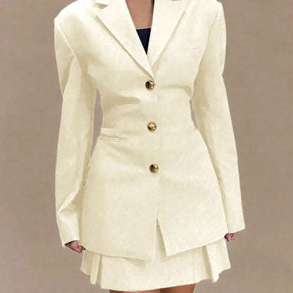 Women's Pleated Skirt Suit Set 2025 2Pieces(Tailored Blazer&High Waist Skirt) Office Chic Single-breasted Notch Lapel Outfit
