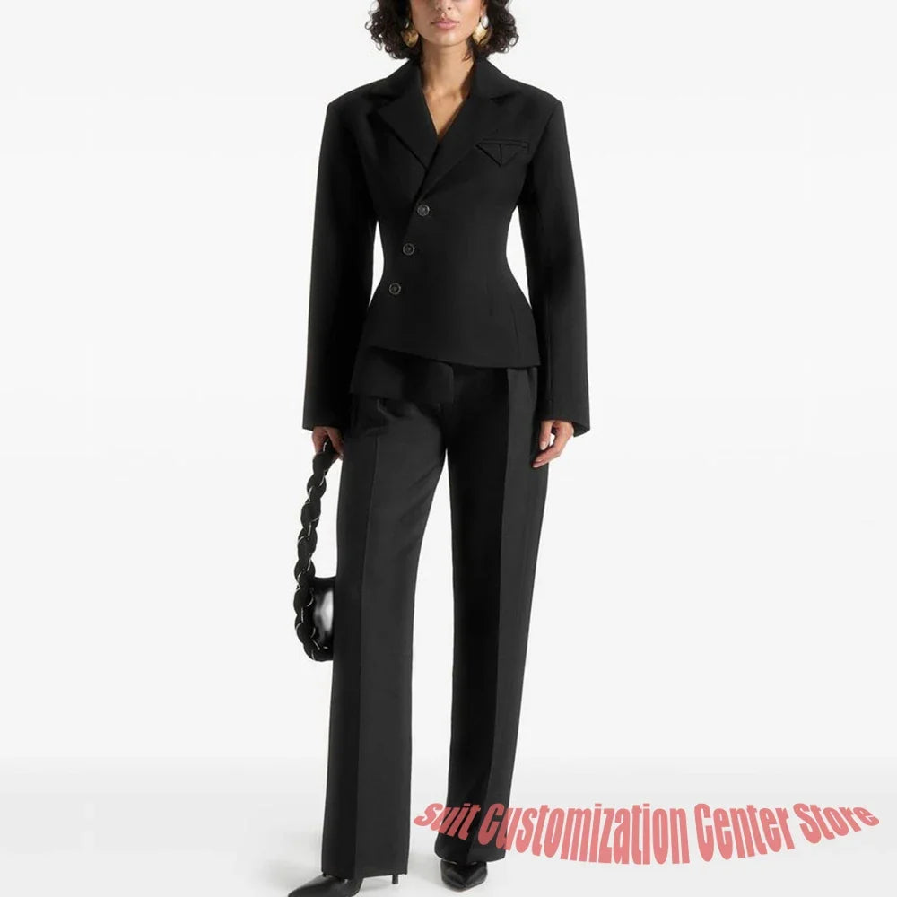 Black Asymmetric Blazer Suit Women's Slim Fit Single Breasted Notch Lapel Set Minimalist Office Modern Casual Workwear Outfit