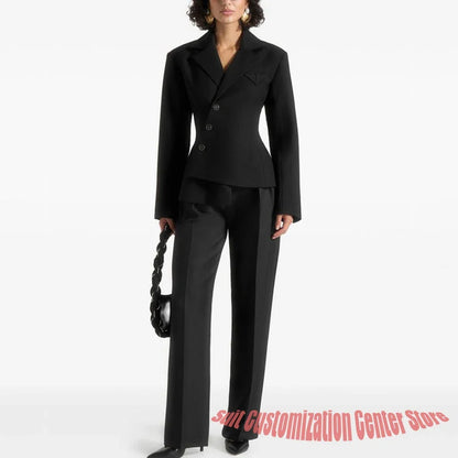 Black Asymmetric Blazer Suit Women's Slim Fit Single Breasted Notch Lapel Set Minimalist Office Modern Casual Workwear Outfit