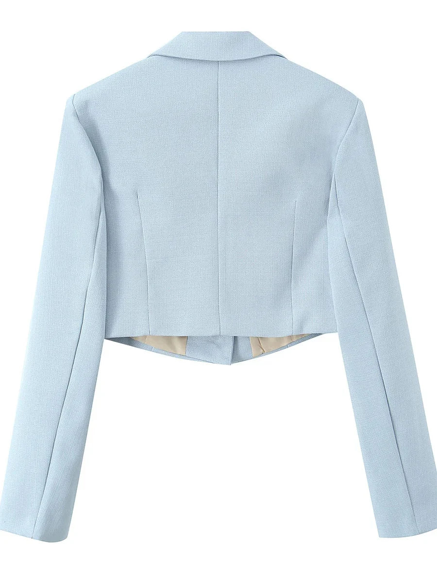 Spring Commuter Style Short Blue Suit Jacket Women's Fashionable Versatile Single Button Flip Collar Top Thin Long Sleeve