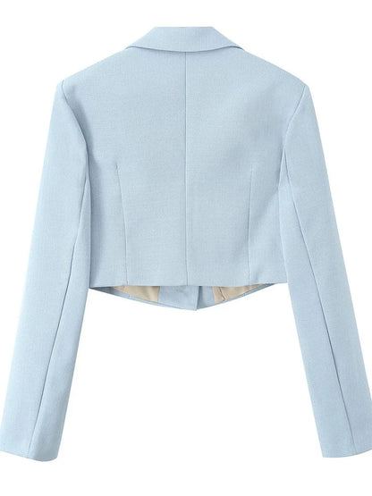 Spring Commuter Style Short Blue Suit Jacket Women's Fashionable Versatile Single Button Flip Collar Top Thin Long Sleeve