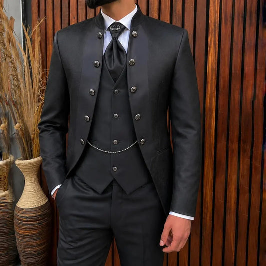 Men Suit Black 3 Pieces High Neckline Single Button For Wedding Groom Birthday Banquet Party Business Office Jacket Vest Pants