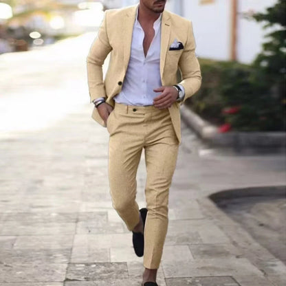 Costume en Lin Homme Robes de Soirée Élégantes Revers Cranté un Bouton Blazer Ajusté Fête de Mariage Plage d'Été Banquet