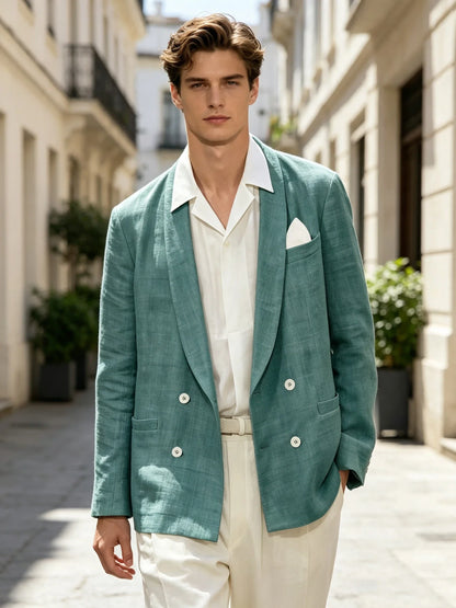 Summer Cotton Linen Blend Men Blazer Double Breasted Casual Suit Jacket Lightweight Soft Elegant Dress Coat For Prom Work Party