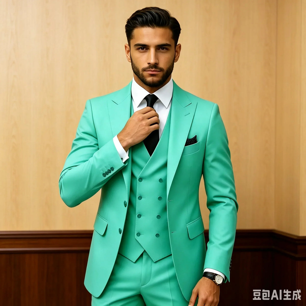 Slim Fit Green Business Mens Suits with Peaked Lapel Wedding Tuxedo Fashion Groom Outfit Jacket Vest Pants Set for Prom Party