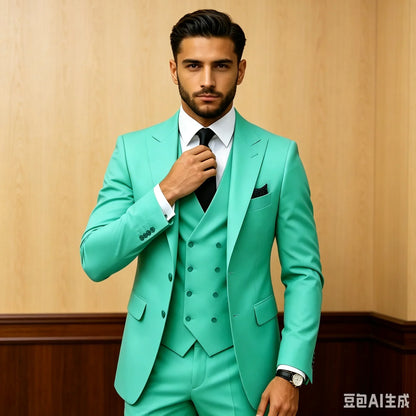 Slim Fit Green Business Mens Suits with Peaked Lapel Wedding Tuxedo Fashion Groom Outfit Jacket Vest Pants Set for Prom Party