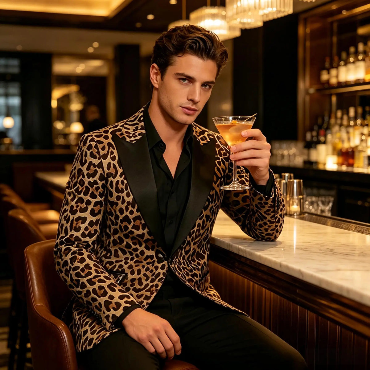 Men's Leopard Print Tuxedo Blazer Satin Lapel Slim Fit One Button Suit Jacket Party Club Stage Wedding Dinner Formal Coat