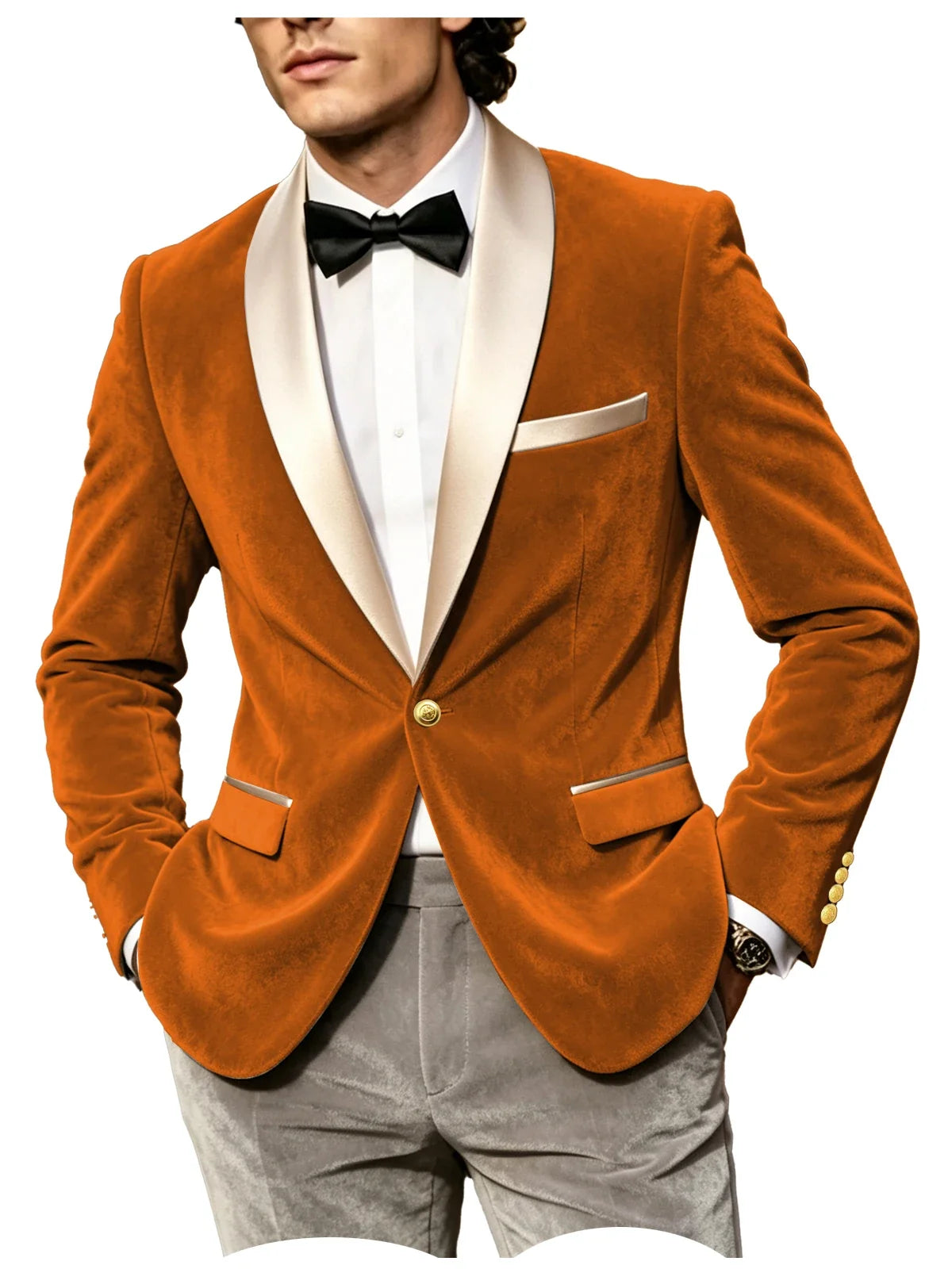 Men Velvet Tuxedo Jacket Champagne Satin Shawl Lapel Slim Fit Blazer Wedding Groom Party Prom Formal Western Dinner Suit Coat