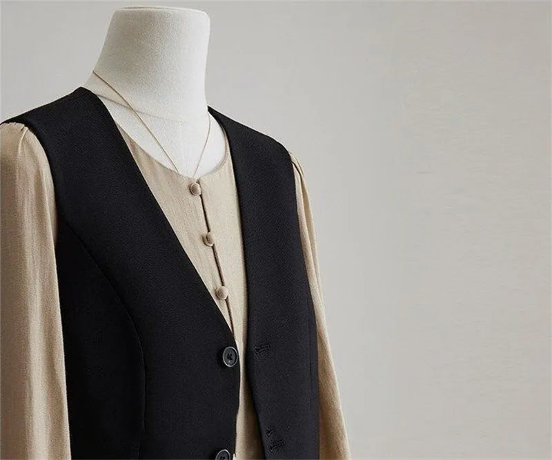Women Fashion Leisure V-neck Lined Waistcoat Korean Female Short Suit Sleeveless Spring Autumn Lady Solid Color Blazer Vest Tops