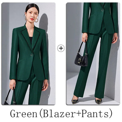 Elegant Single Button Blazer Suit Pant Sets for Women 2 Pieces Business Formal Office Outfit Autumn Plus Size Jacket Trousers