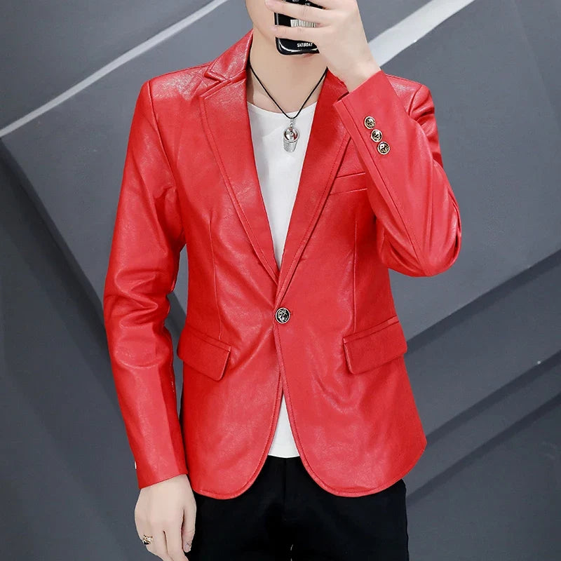 Autumn Leather Suit Jacket Men's Slim Korean Trendy Handsome Casual PU Leather Blazers Motorcycle Jacket Social Party Nightclub