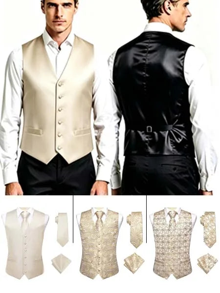 Men's Satin Jacquard Vest 3-Piece Set | Waistcoat, Tie & Pocket Square for Wedding & Banquet