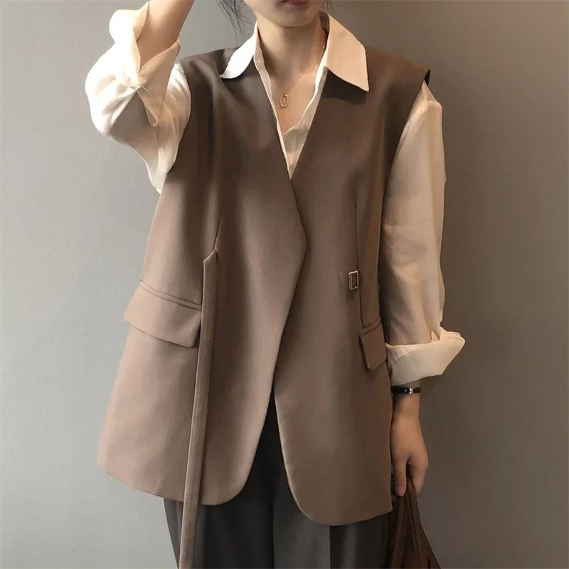 Women V-Neck Suit Coats Casual Sleeveless Blazer Korean Style Oversize Work Vests 2025 Spring Elegant Solid OL Blazer