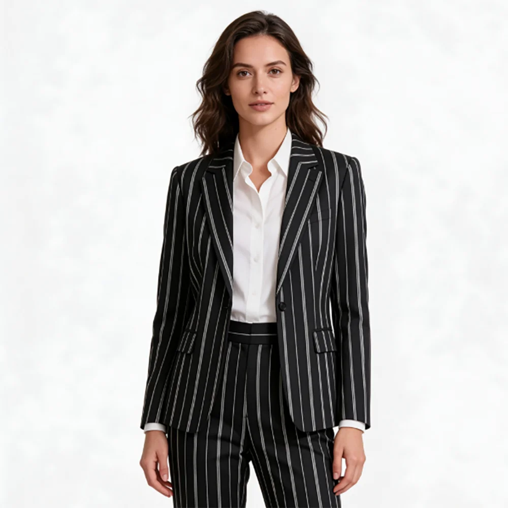 Professional Women 2 Piece Striped Suit Black Single Button Blazer Trousers Set Notched Lapel Office Wedding Matching Outerwears