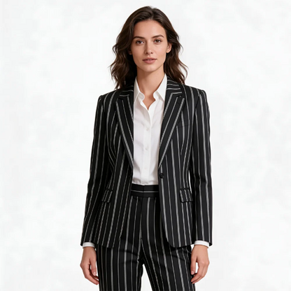 Professional Women 2 Piece Striped Suit Black Single Button Blazer Trousers Set Notched Lapel Office Wedding Matching Outerwears