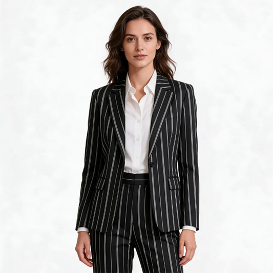 Professional Women 2 Piece Striped Suit Black Single Button Blazer Trousers Set Notched Lapel Office Wedding Matching Outerwears