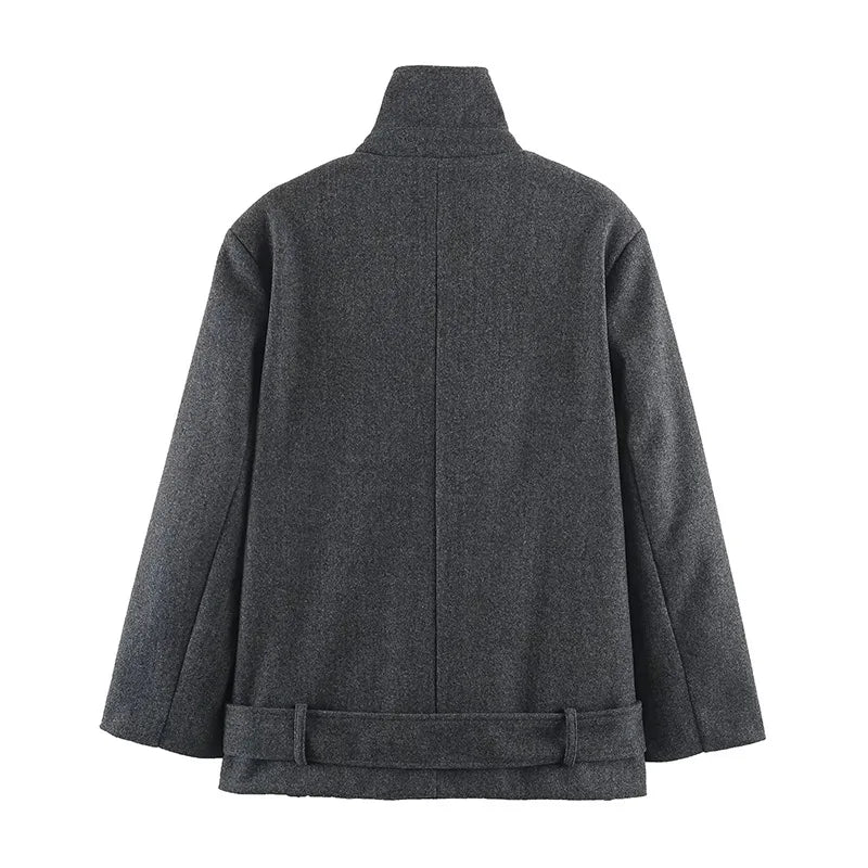 Women Blazer Coat Elegant Chic Dark Style Design Double Breasted Sashes Patchwork Solid Color Loose Woolen Overcoat HK27262